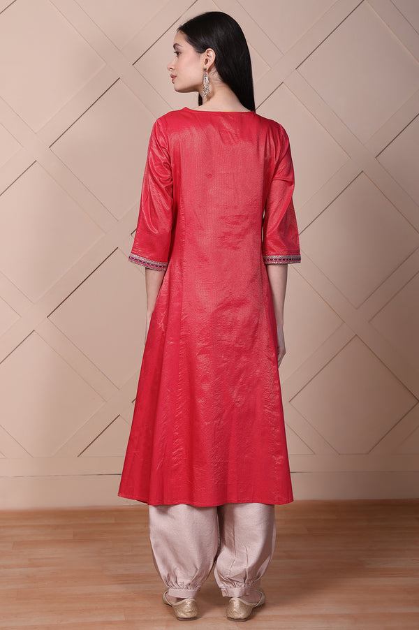 Red Embroidered A-Line Rayon Kurta