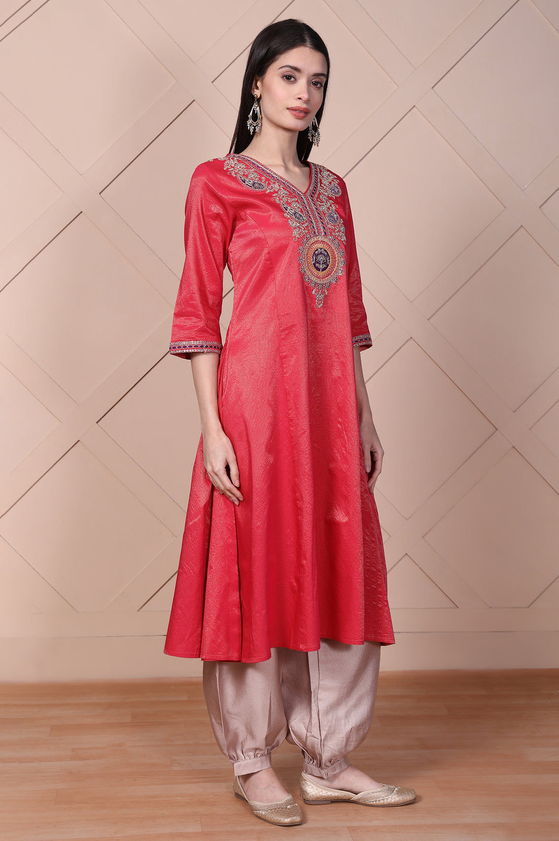 Red Embroidered A-Line Rayon Kurta