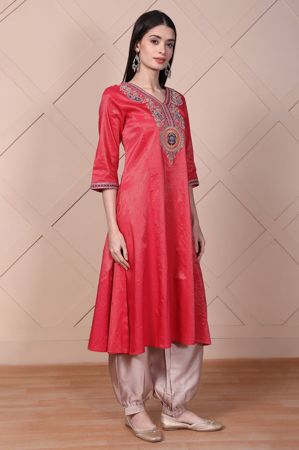 Red Embroidered A-Line Rayon Kurta