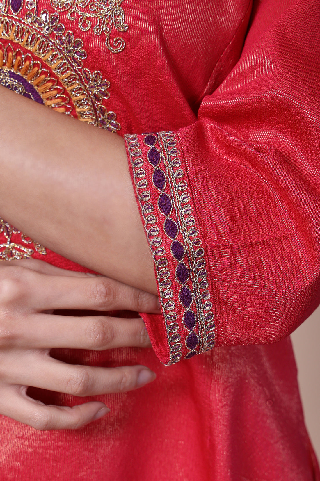 Red Embroidered A-Line Rayon Kurta