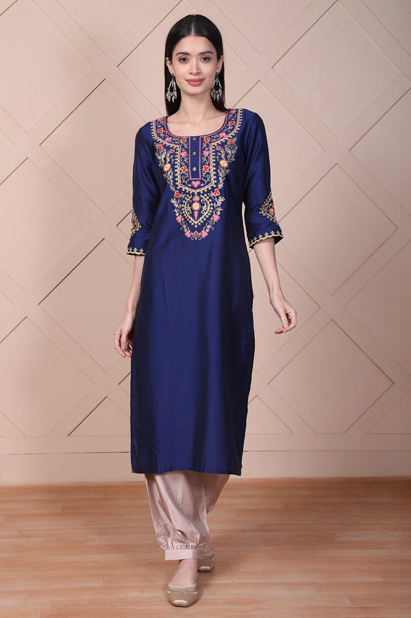 Blue Embroidered Straight Silk Blend Kurta