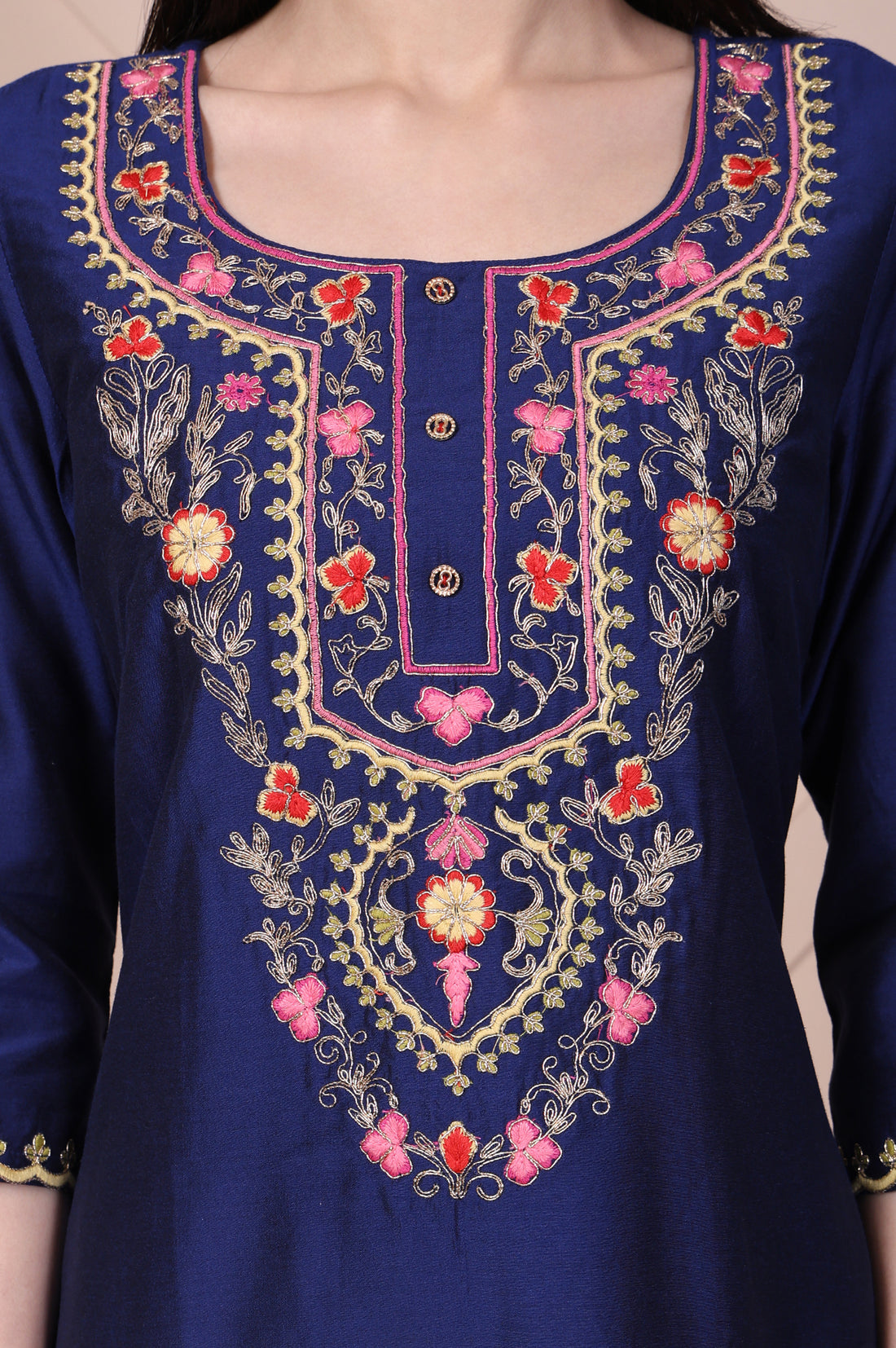 Blue Embroidered Straight Silk Blend Kurta