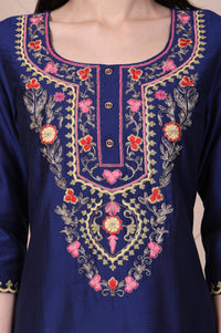 Blue Embroidered Straight Silk Blend Kurta