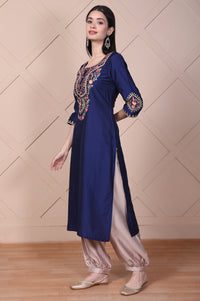 Blue Embroidered Straight Silk Blend Kurta