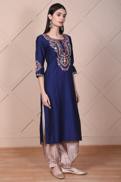 Blue Embroidered Straight Silk Blend Kurta