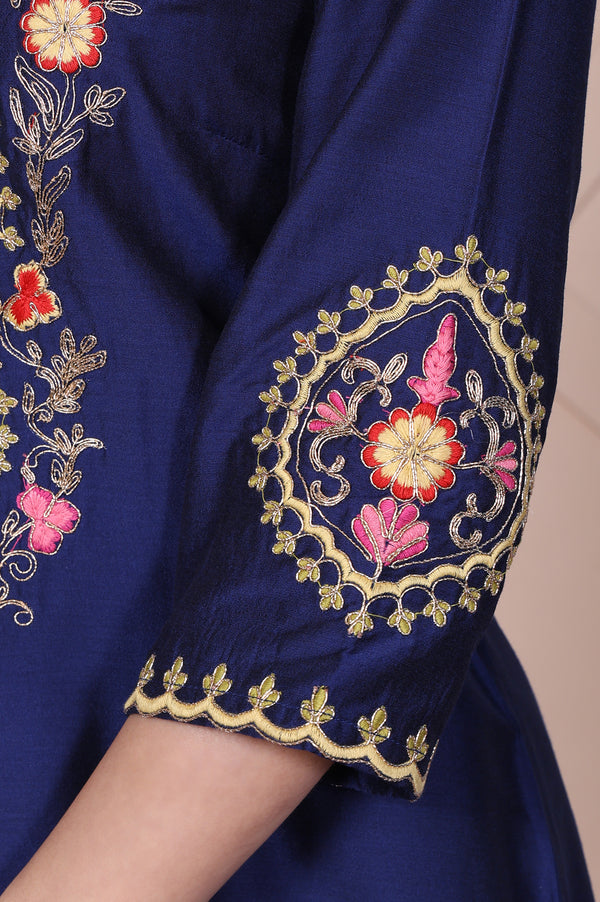 Blue Embroidered Straight Silk Blend Kurta