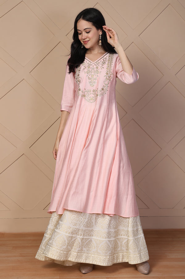 Pink Embroidered Anarkali Rayon Kurta