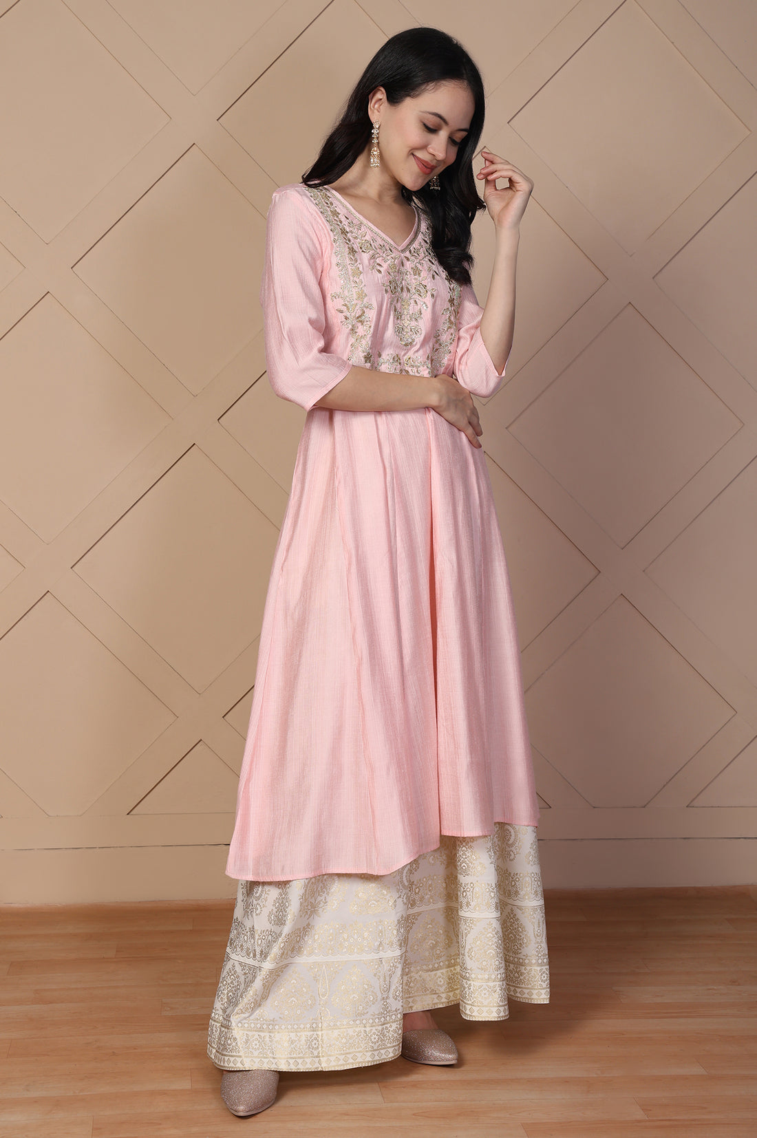 Pink Embroidered Anarkali Rayon Kurta