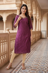 Purple Floral Embroidered Straight Chanderi Kurta