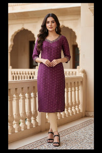 Purple Floral Embroidered Straight Chanderi Kurta