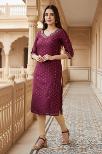 Purple Floral Embroidered Straight Chanderi Kurta