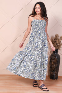 White Floral Printed Ruffled Fit &amp; Flare Cotton Dress