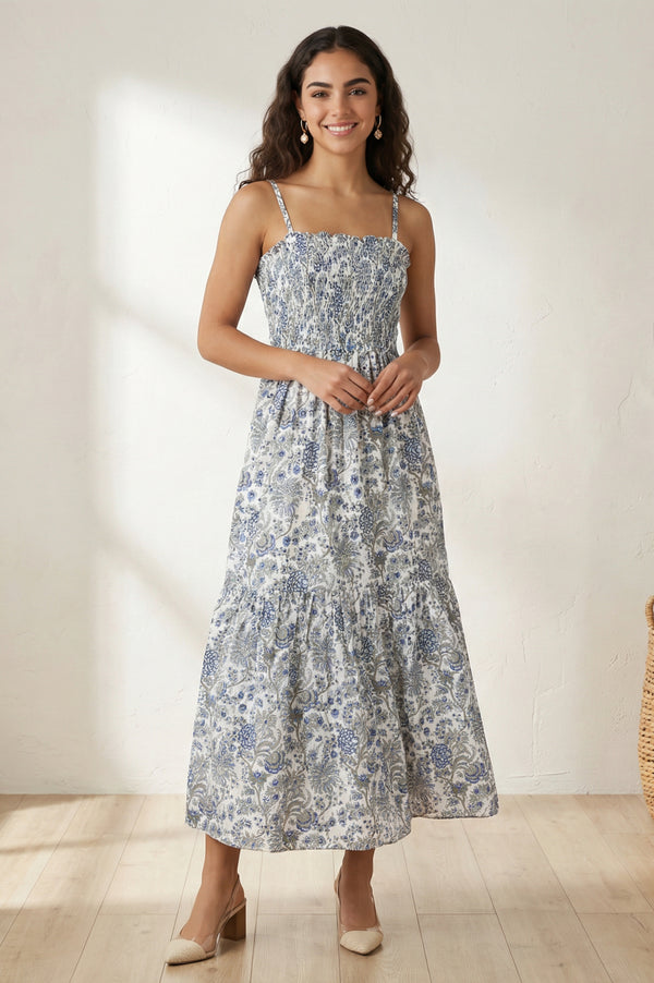 White Floral Printed Ruffled Fit & Flare Cotton Dress