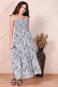 White Floral Printed Ruffled Fit &amp; Flare Cotton Dress