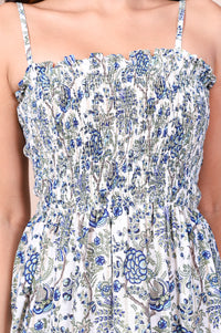 White Floral Printed Ruffled Fit &amp; Flare Cotton Dress