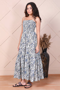 White Floral Printed Ruffled Fit &amp; Flare Cotton Dress