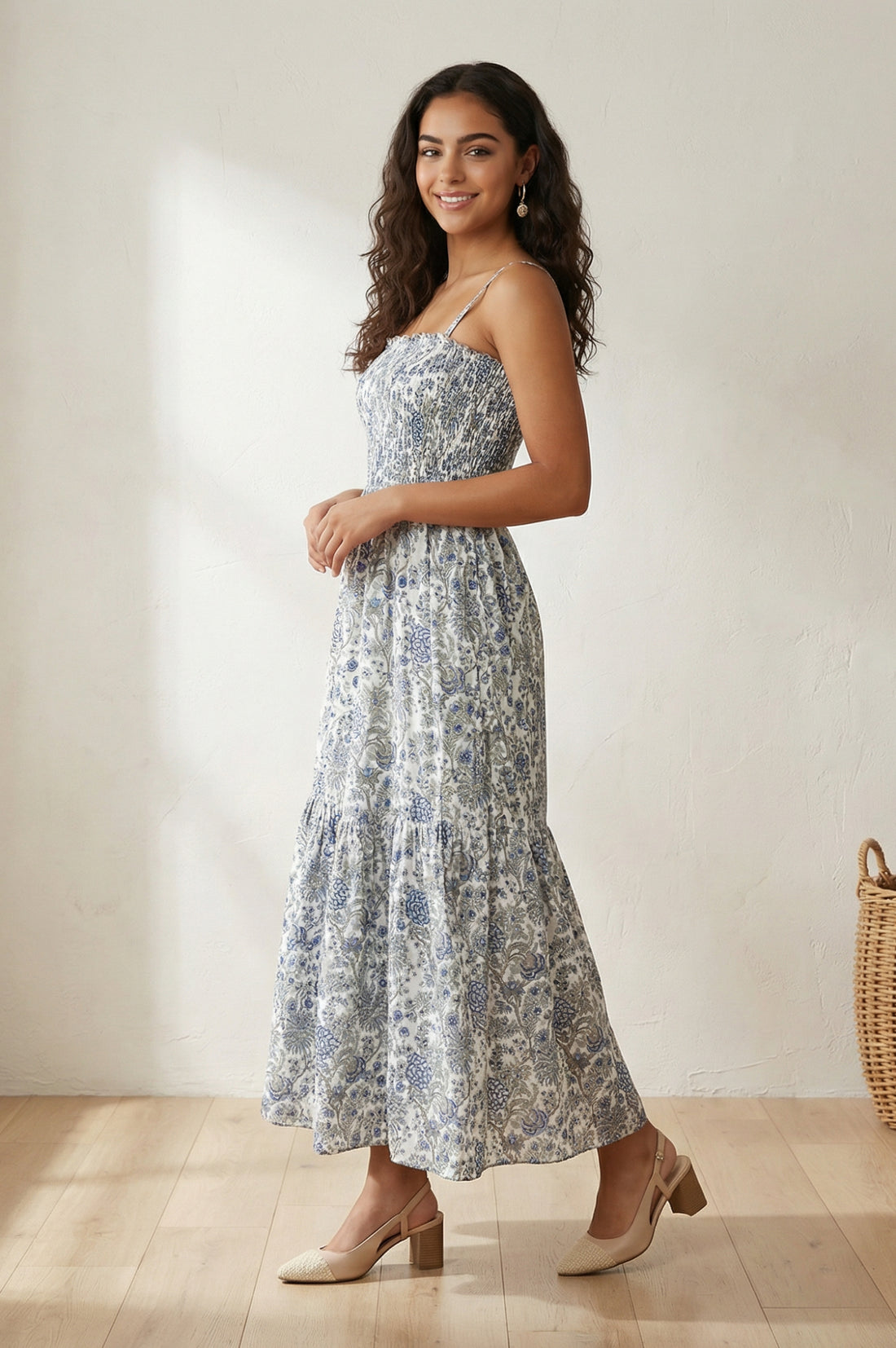 White Floral Printed Ruffled Fit &amp; Flare Cotton Dress