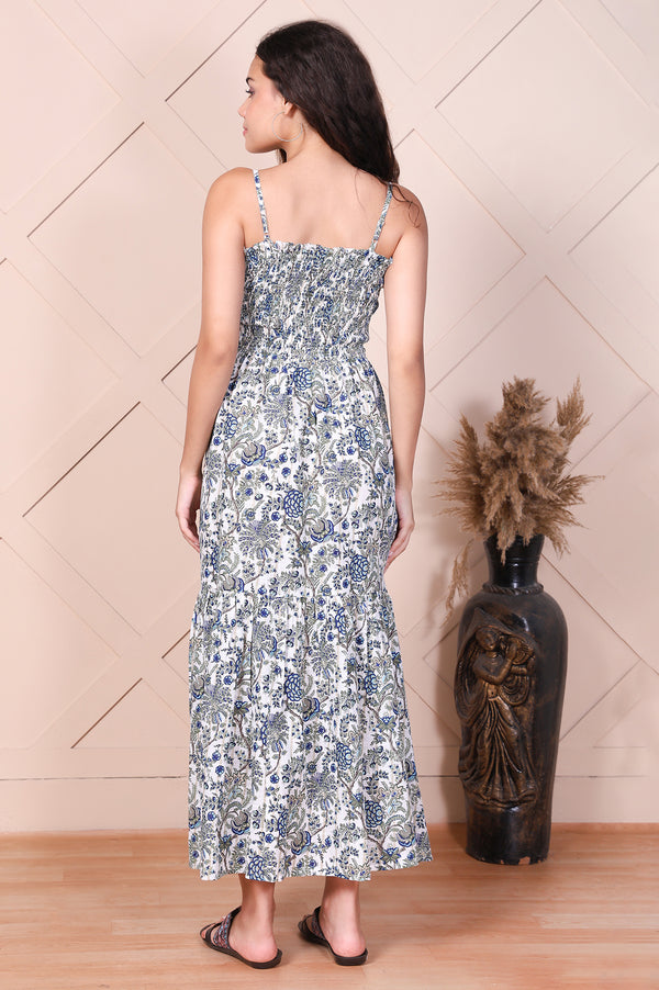 White Floral Printed Ruffled Fit & Flare Cotton Dress