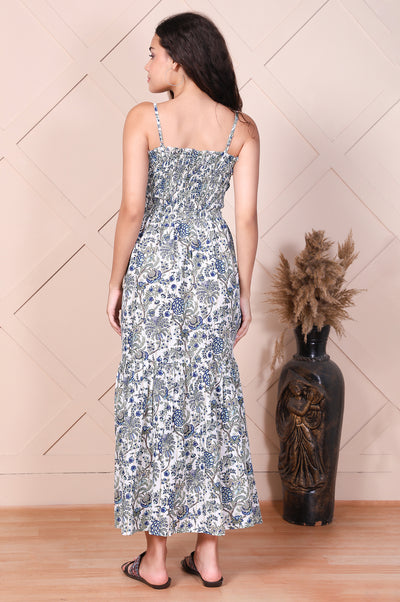 White Floral Printed Ruffled Fit & Flare Cotton Dress