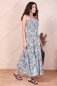 White Floral Printed Ruffled Fit &amp; Flare Cotton Dress