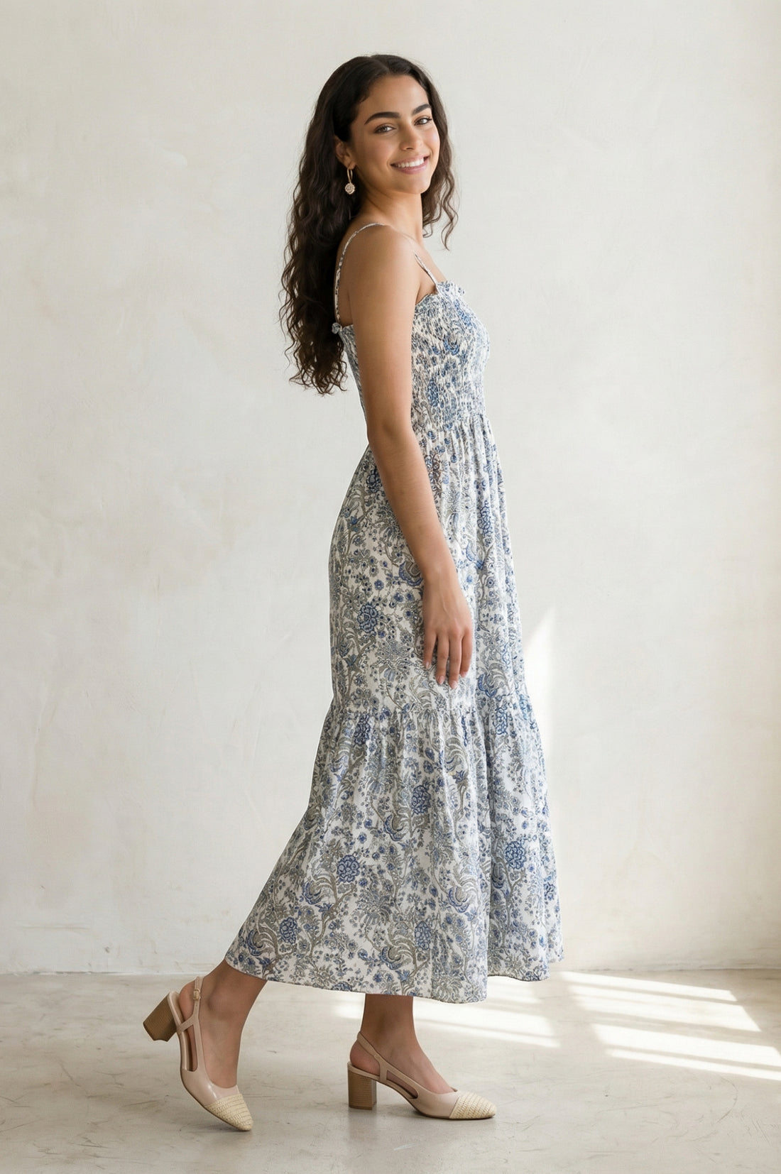 White Floral Printed Ruffled Fit &amp; Flare Cotton Dress