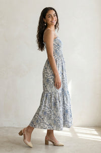 White Floral Printed Ruffled Fit &amp; Flare Cotton Dress