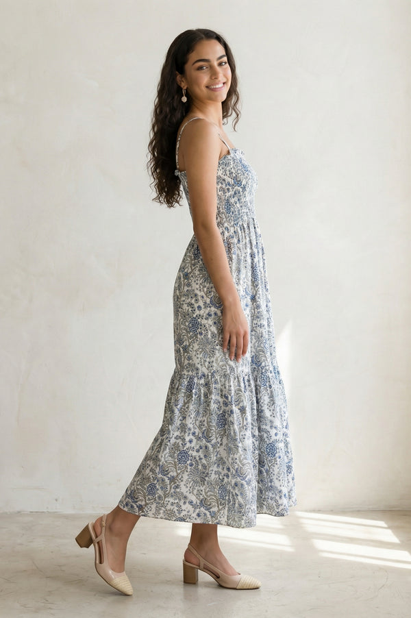 White Floral Printed Ruffled Fit & Flare Cotton Dress