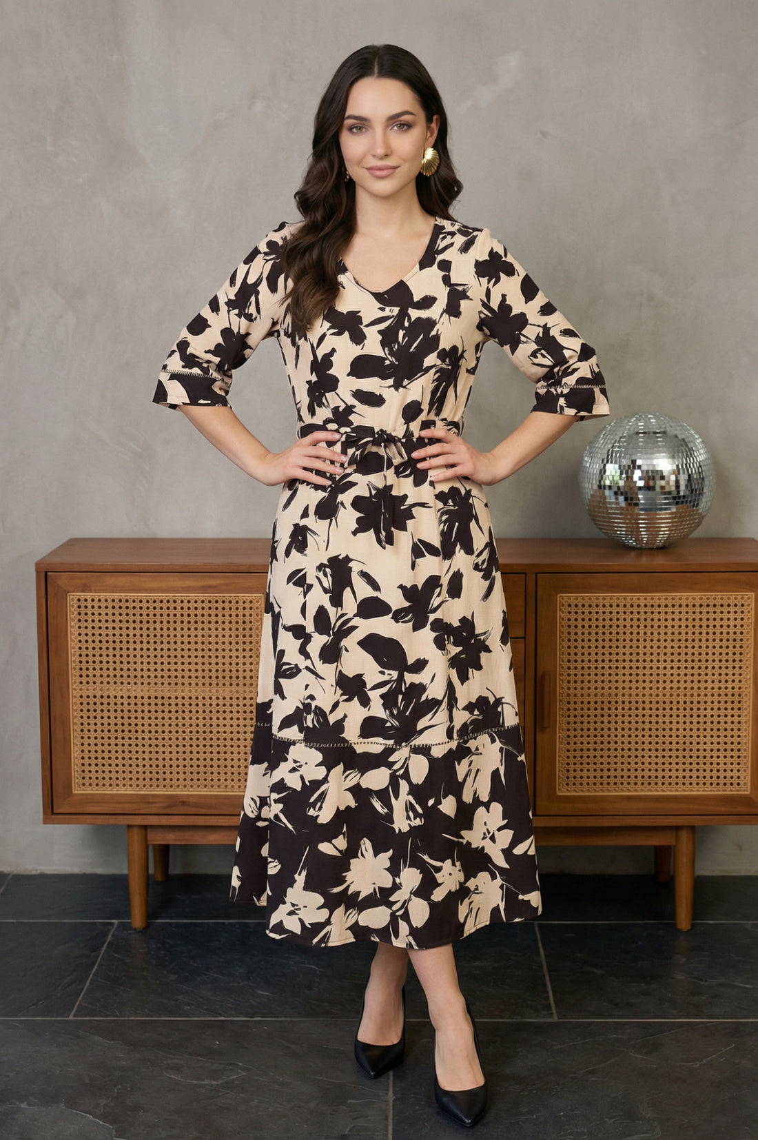 Beige Floral Printed Flared Western Dress
