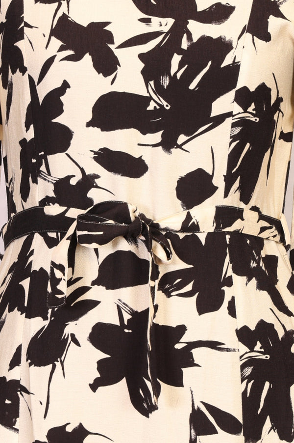 Beige Floral Printed Flared Western Dress