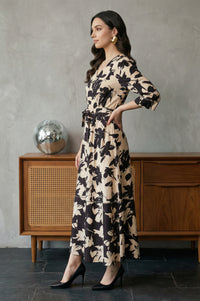 Beige Floral Printed Flared Western Dress