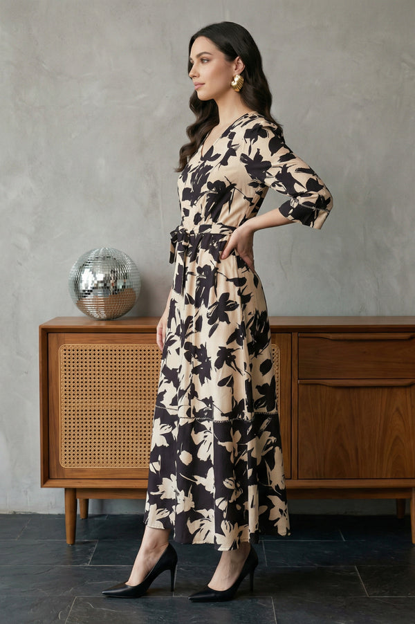 Beige Floral Printed Flared Western Dress