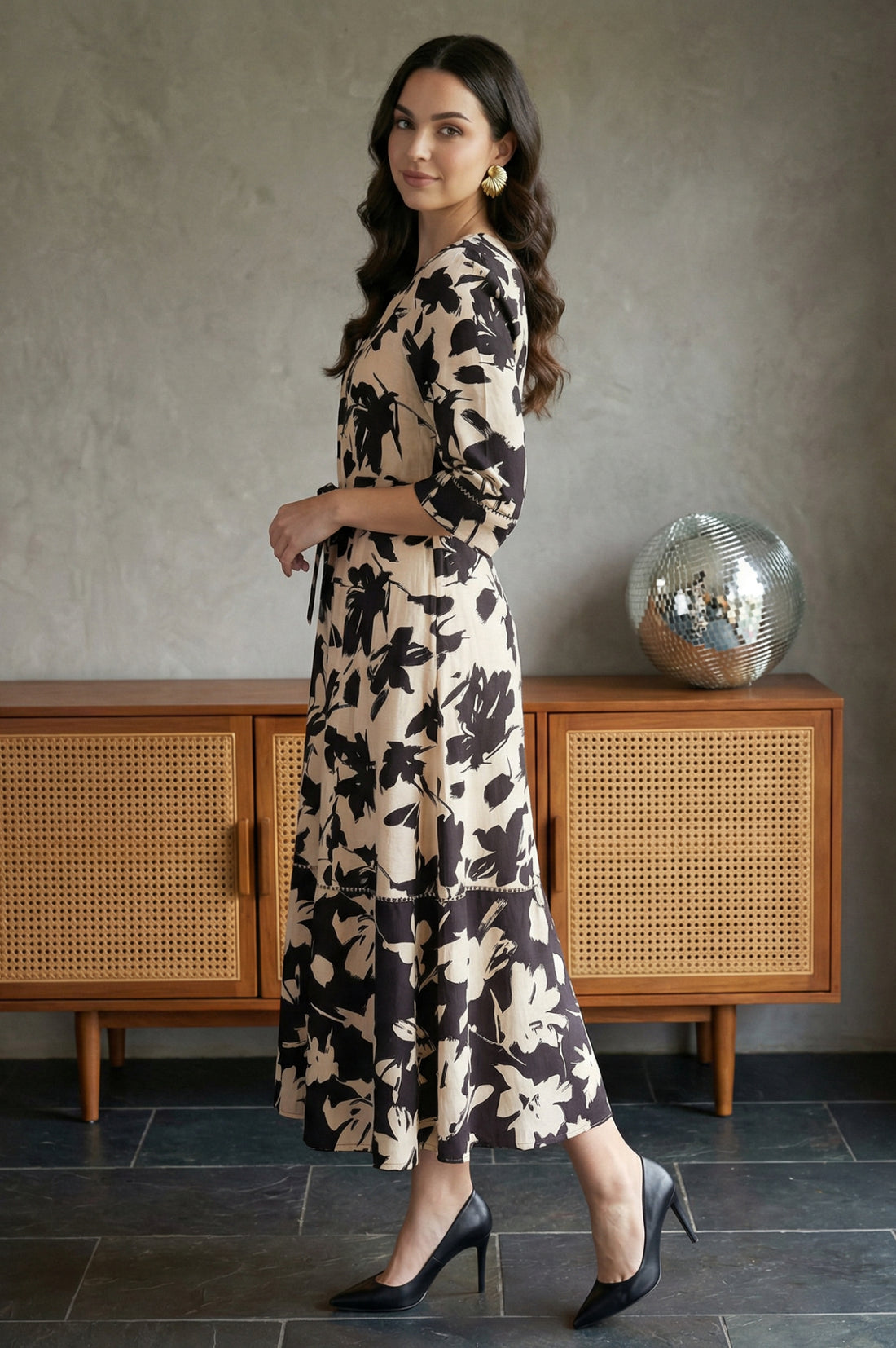 Beige Floral Printed Flared Western Dress