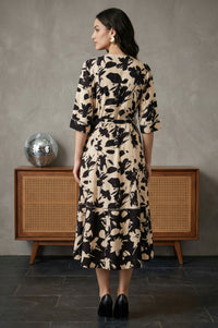 Beige Floral Printed Flared Western Dress