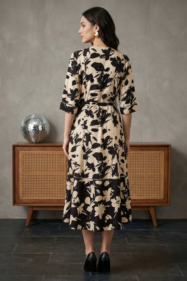 Beige Floral Printed Flared Western Dress