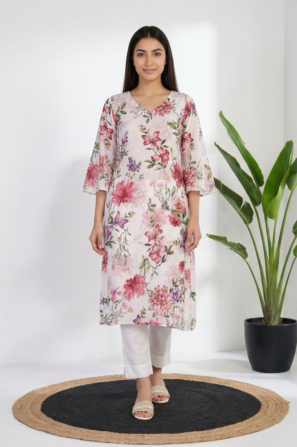 White Floral Printed Thread Work Straight Kurta