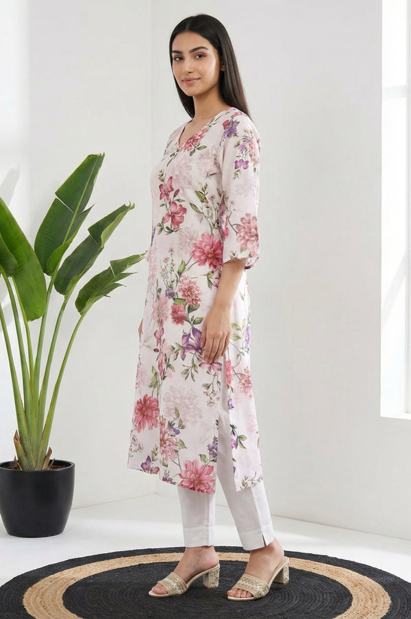 White Floral Printed Thread Work Straight Kurta