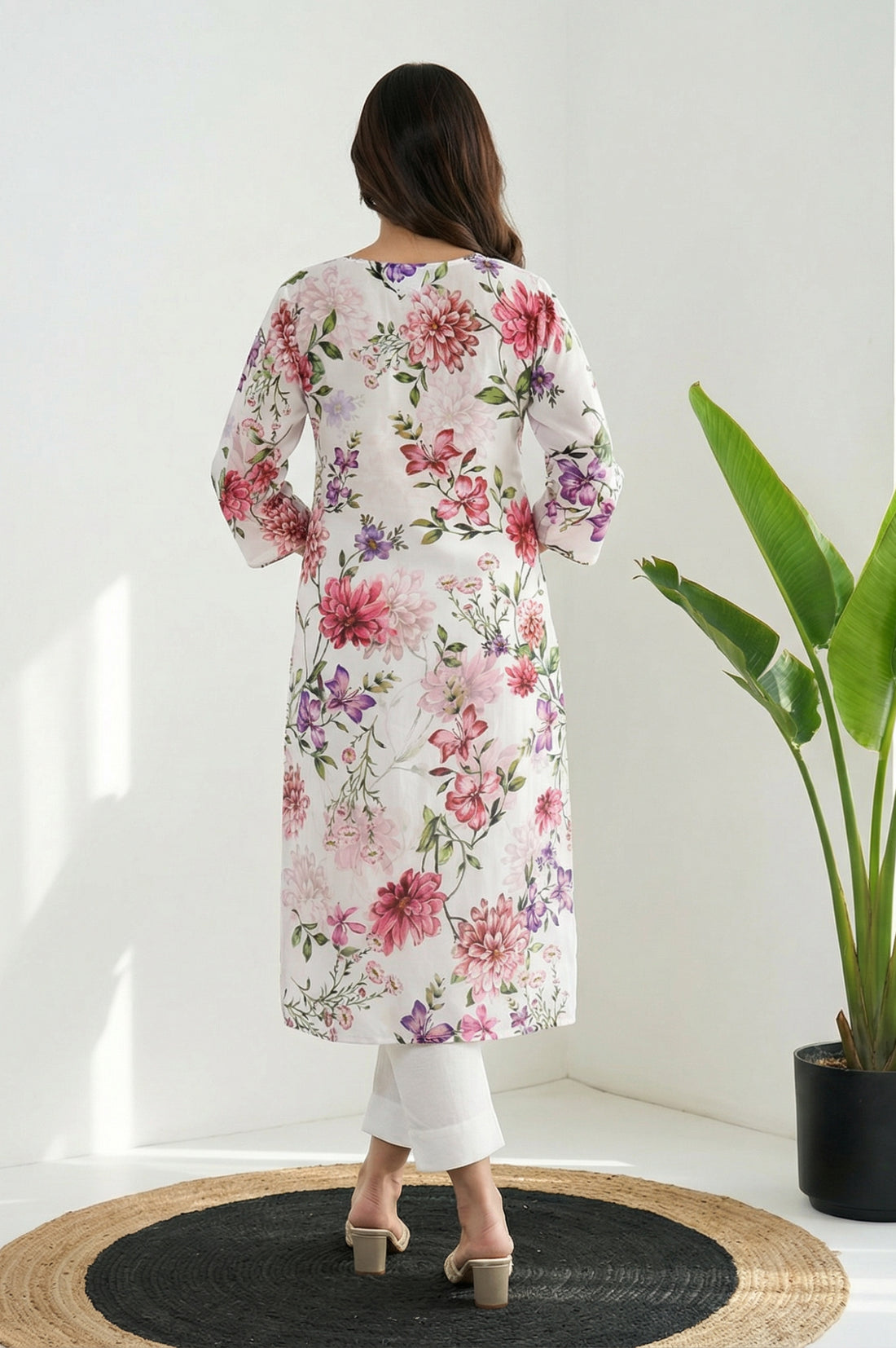 White Floral Printed Thread Work Straight Kurta