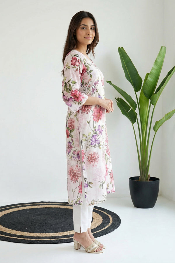 White Floral Printed Thread Work Straight Kurta