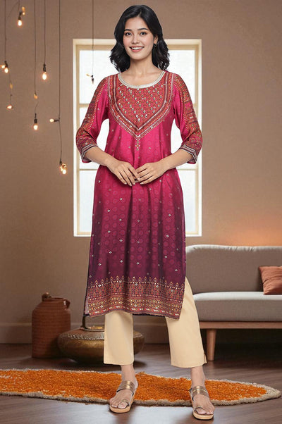 Pink Abstract Printed Bead Embellished Straight Kurta