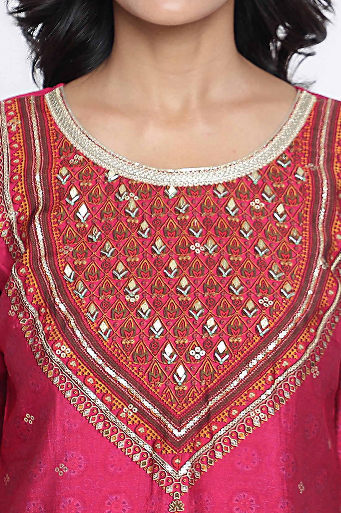 Pink Abstract Printed Bead Embellished Straight Kurta