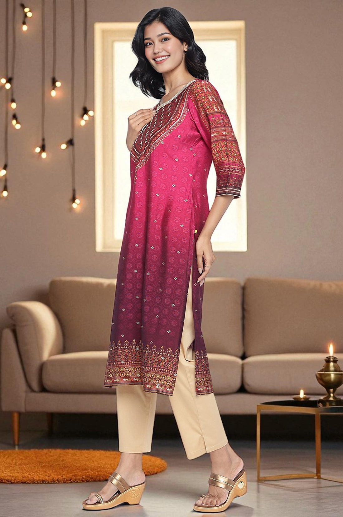 Pink Abstract Printed Bead Embellished Straight Kurta