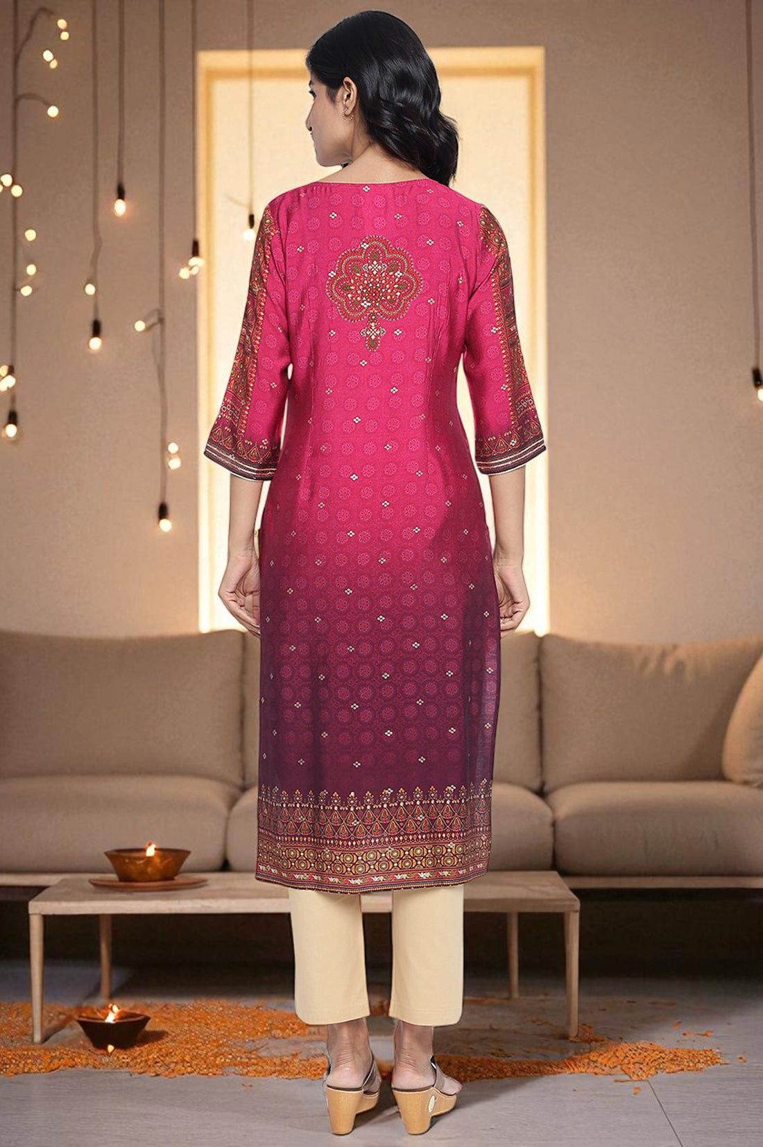 Pink Abstract Printed Bead Embellished Straight Kurta