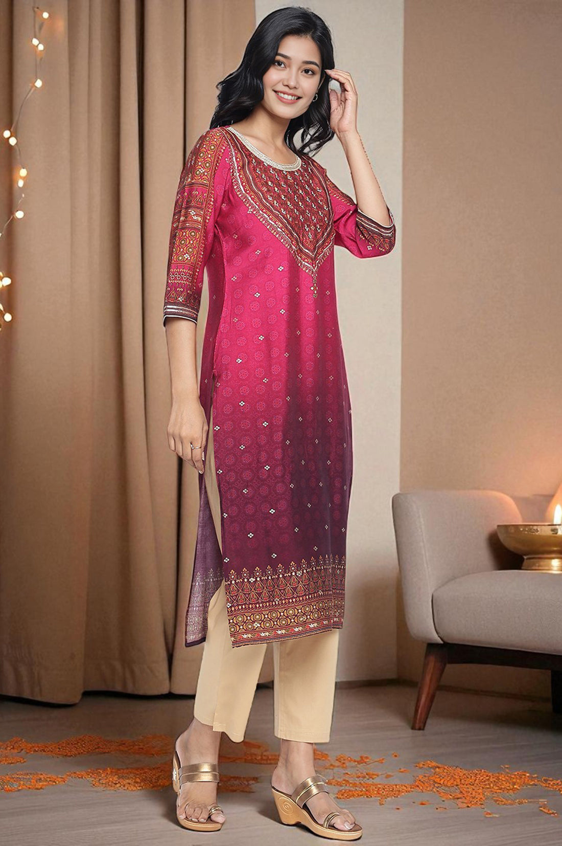 Pink Abstract Printed Bead Embellished Straight Kurta