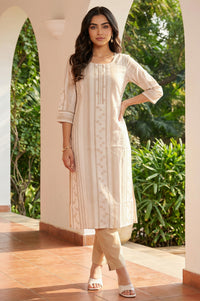 Beige Geometric Printed Thread Work Pure Cotton Straight Kurta