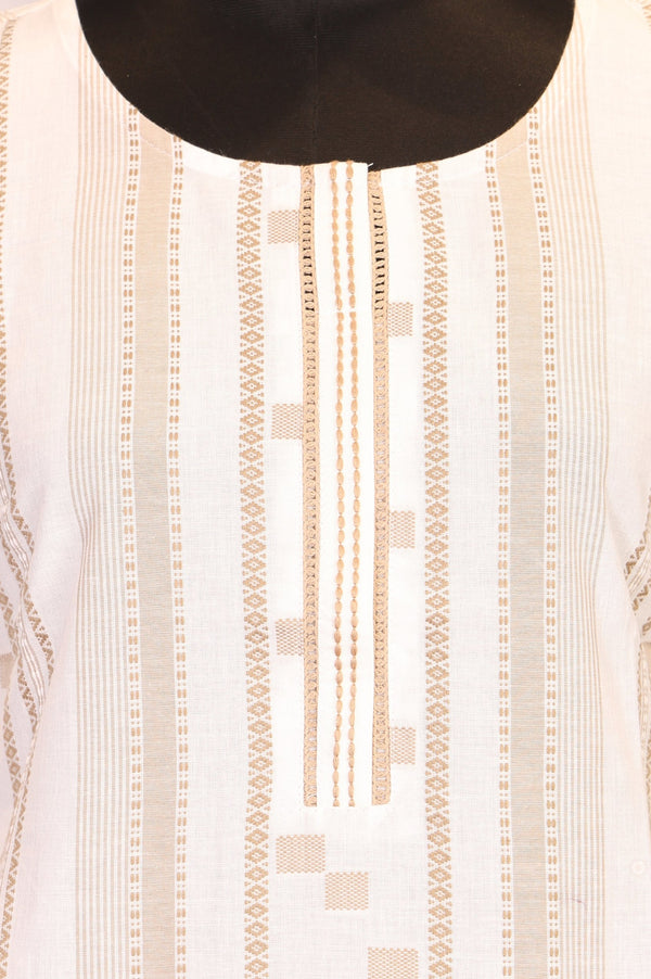 Beige Geometric Printed Thread Work Pure Cotton Straight Kurta