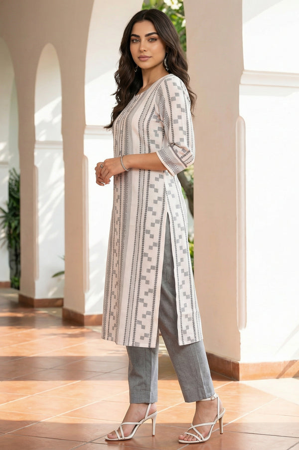 Off White Geometric Printed Thread Work Pure Cotton Straight Kurta