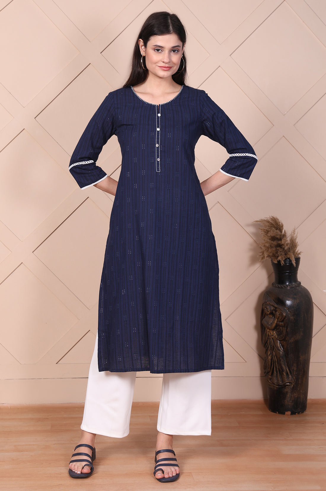 Navy Blue Textured Thread Embroidered Lurex Dobby Straight Kurta