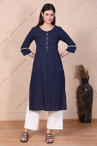 Navy Blue Textured Thread Embroidered Lurex Dobby Straight Kurta