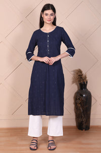 Navy Blue Textured Thread Embroidered Lurex Dobby Straight Kurta