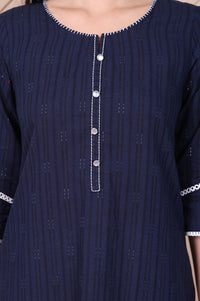 Navy Blue Textured Thread Embroidered Lurex Dobby Straight Kurta